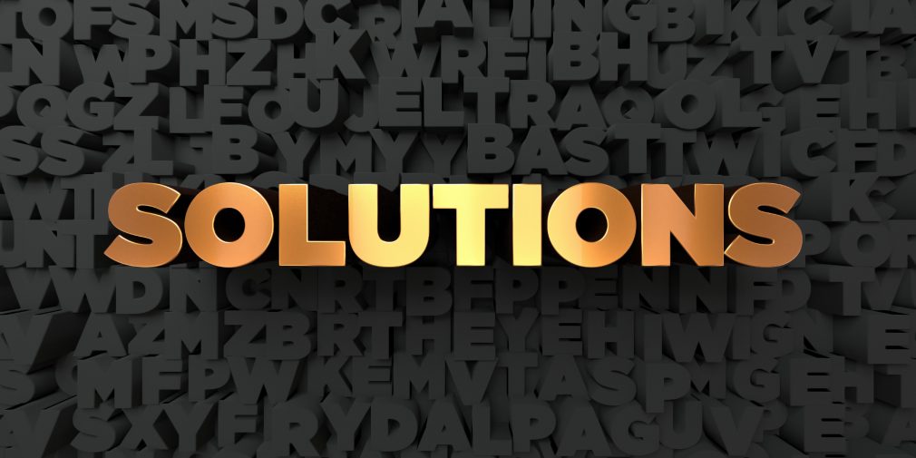 Solutions - Gold text on black background - 3D rendered stock picture.