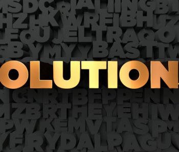 Solutions - Gold text on black background - 3D rendered stock picture.