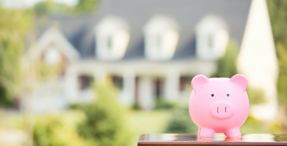 Piggy bank isolated outside on home background