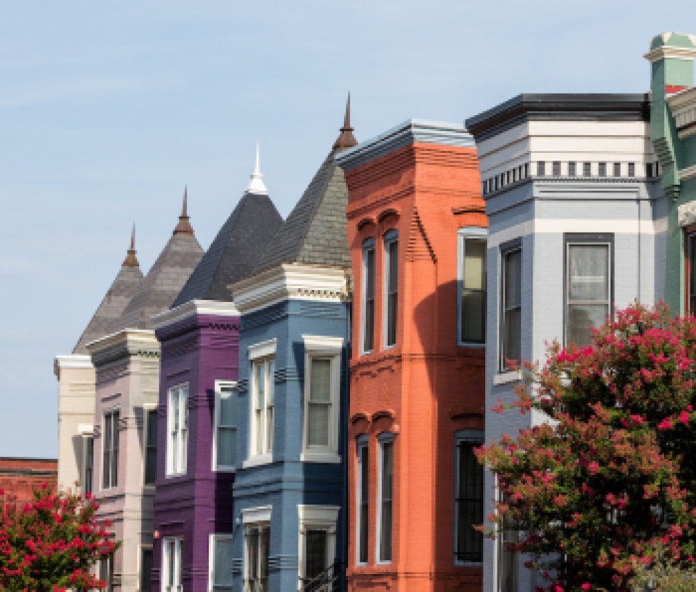 Row houses in the Washington D.C. neighborhood of Shaw on a summer day.
