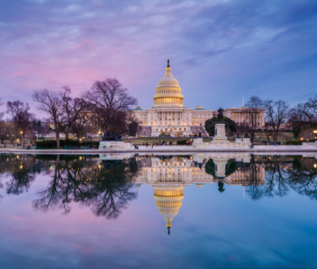 The United States Capitol at sunset, in Washington, DC.