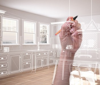 Empty white interior with parquet floor and three panoramic windows, hand drawing custom architecture design, white ink sketch, blueprint showing classic kitchen
