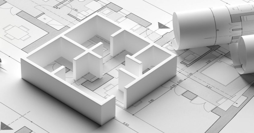 Residential building blueprint plans and house model, banner. 3d illustration