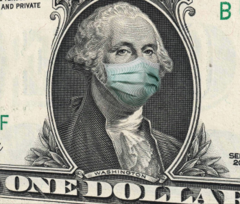 COVID-19 coronavirus in USA, Close up of ONE Dollar money bill with George Washington wearing healthcare surgical mask. Quarantine and global recession. Global economy hit by Covid19.