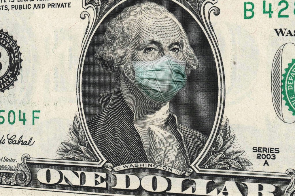 COVID-19 coronavirus in USA, Close up of ONE Dollar money bill with George Washington wearing healthcare surgical mask. Quarantine and global recession. Global economy hit by Covid19.