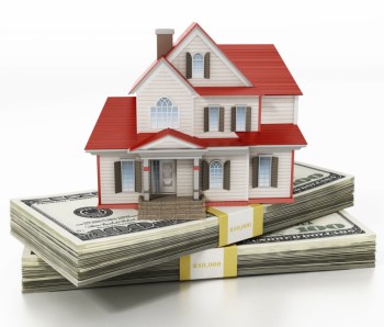 House standing on lots of 100 dollar bills. 3D illustration