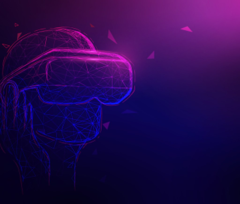 Man wearing virtual reality headset with neon glow from lines, triangles and particle style design. Illustration vector