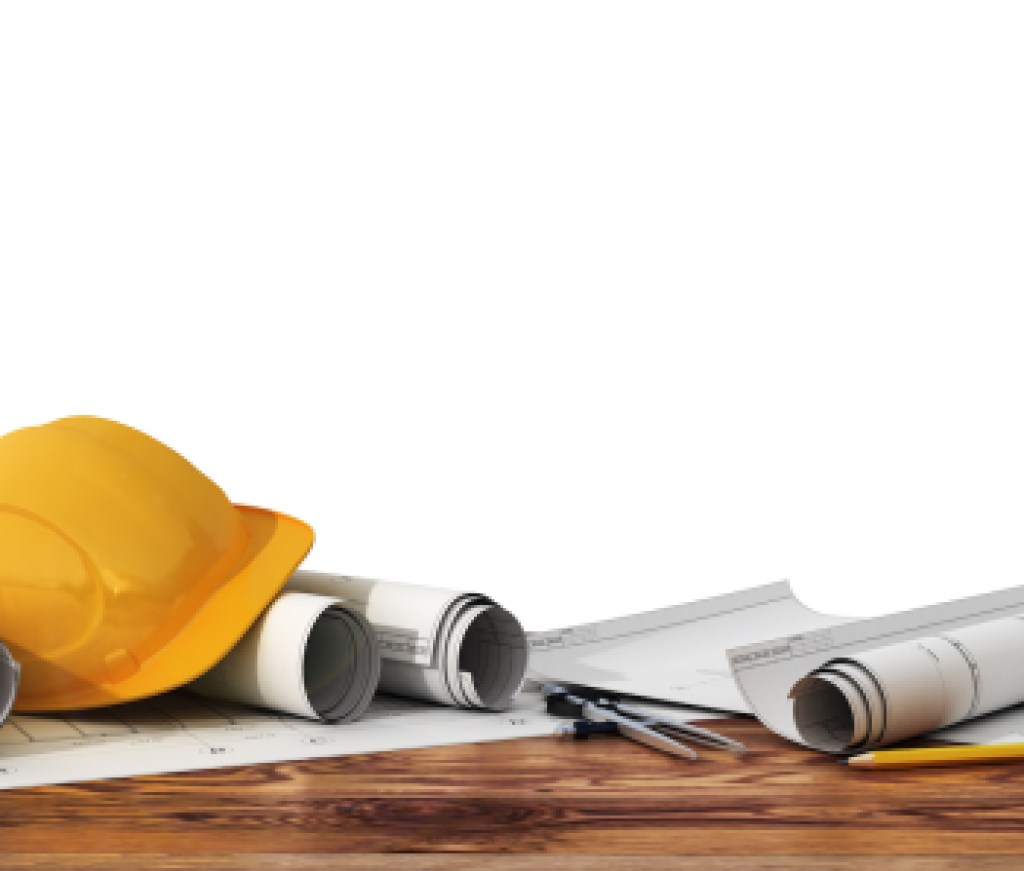 Concept of construction and design. 3d render of blueprints and designer tools on the panorama of construction site.