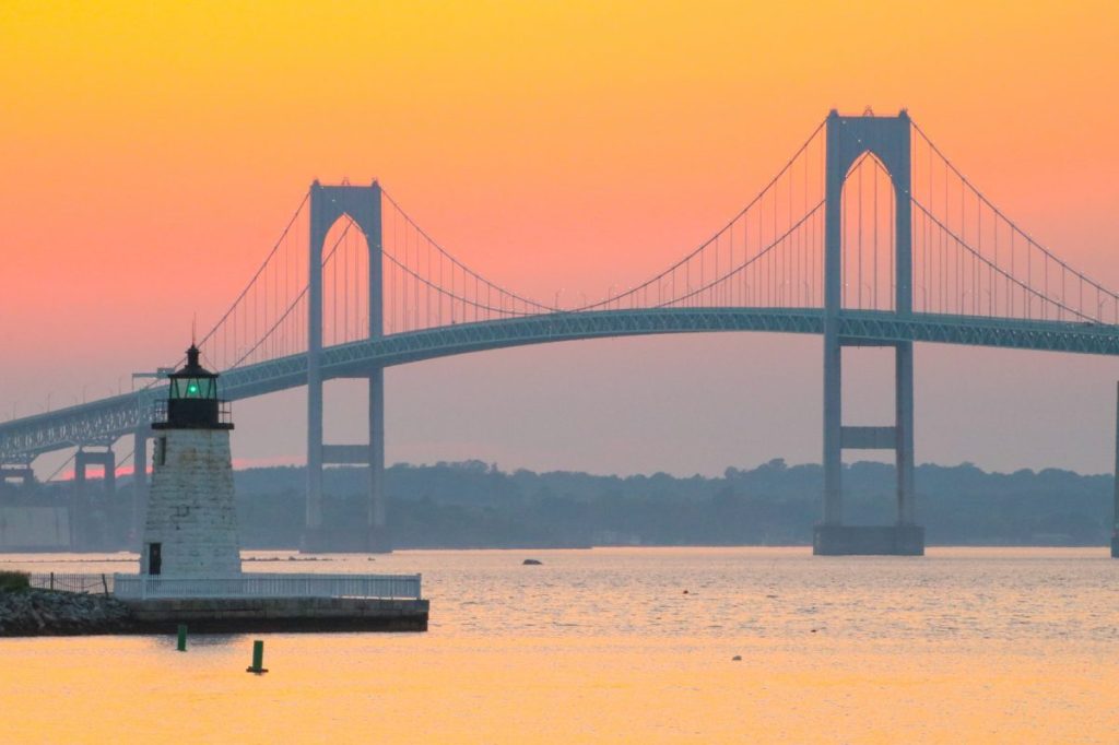 A sunset over the Newport Bridge in Newport, Rhode Island