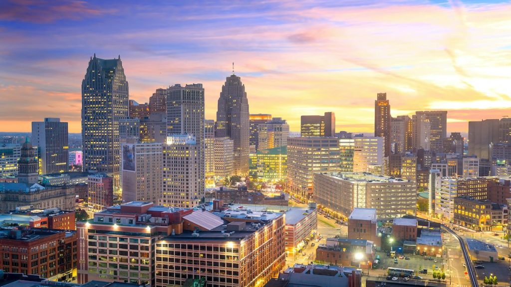 Aerial view of downtown Detroit at twilight