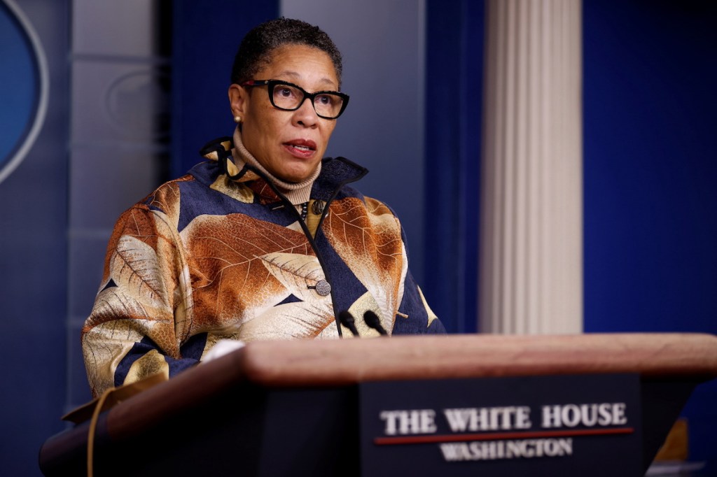 Secretary of Housing and Urban Development Marcia Fudge delivers remarks during a press briefing at the White House in Washington