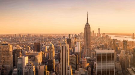 New York City skyline panorama at sunset