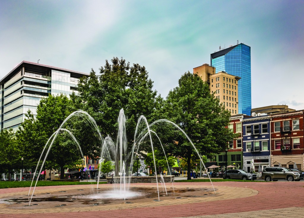 Lexington, Kentucky USA - September 19 2021: Fountain in front o