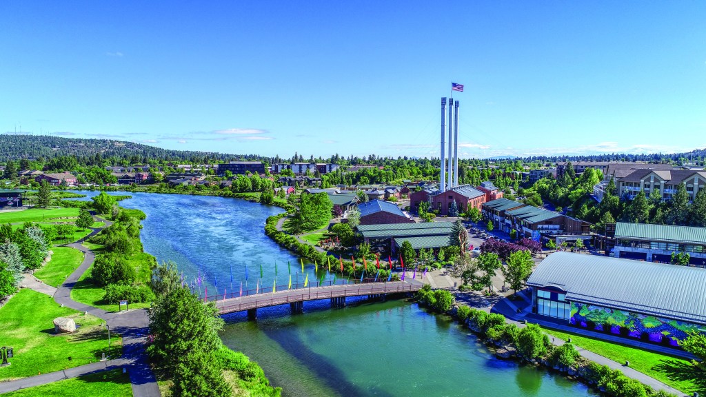 Summertime in Old Mill District on the Deschutes River in Bend,