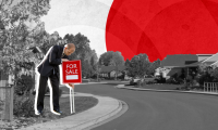 Home sales depicted by an agent putting a for sale sign in a yard