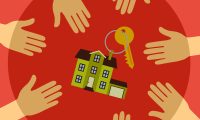 Hands reaching for house, housing demand