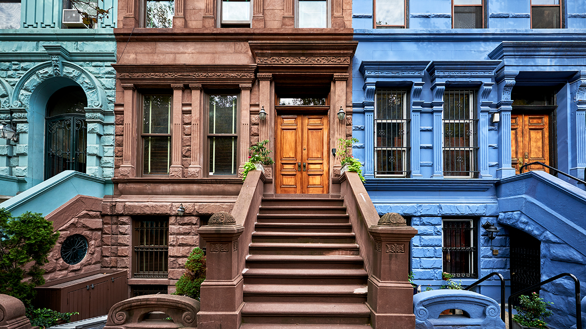 New York City brownstone buildings in desirable Manhattan neighborhood