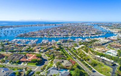 birds-eye view of high income single family home neighborhood near the coast
