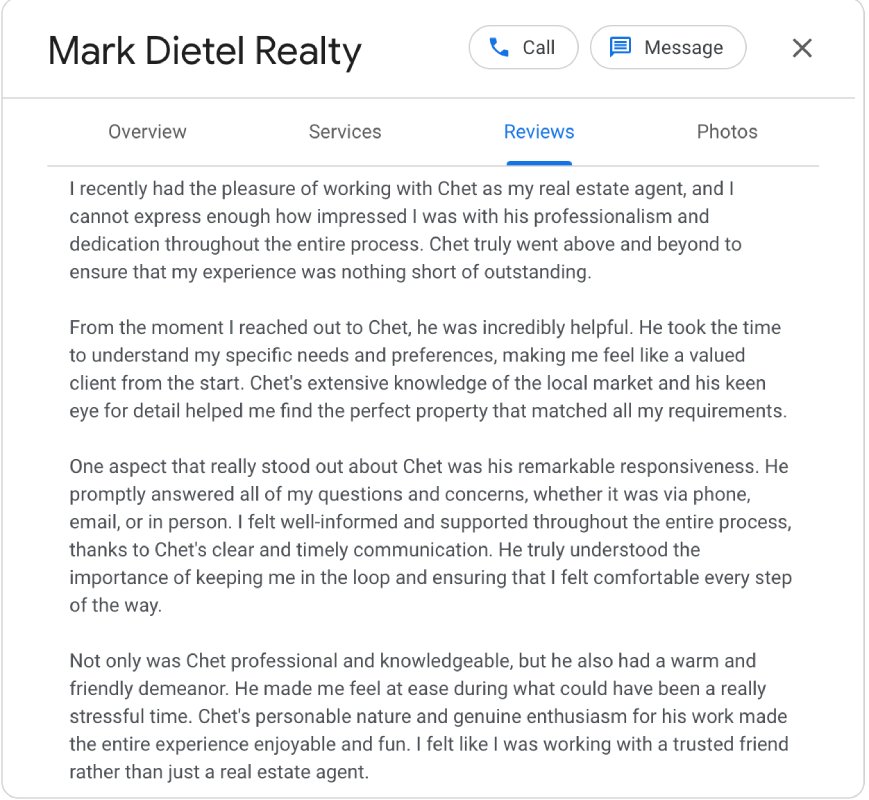 Real estate testimonial for agent Mark Dietel