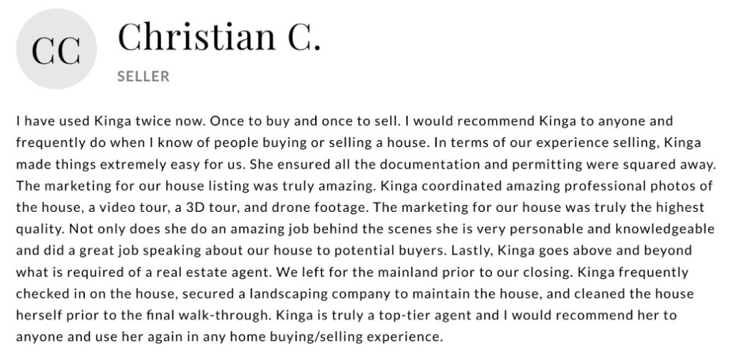 Real estate testimonials for agent Kinga Mills