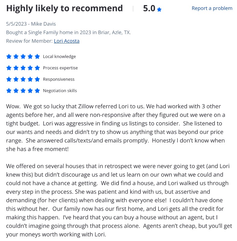 Real Estate Testimonial from Zillow for agent Lori Acosta