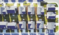 Aerial view of a neighborhood of houses.