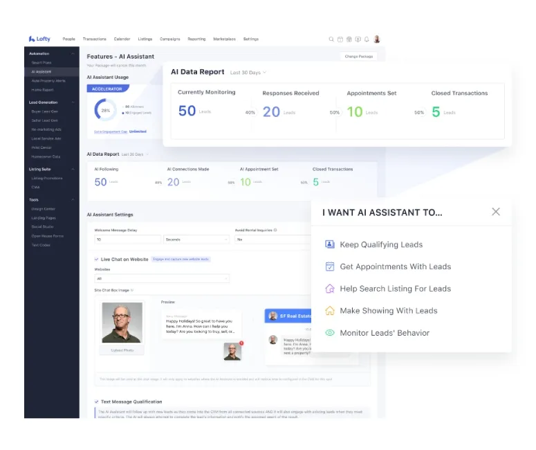 Screenshot of the Lofty AI Assistant dashboard for real estate agents