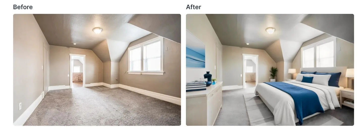 Before and after photos of a virtually staged bedroom using AI tool called Virtual Staging AI
