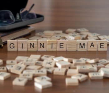 ginnie mae word or concept represented by wooden letter tiles on a wooden table with glasses and a book