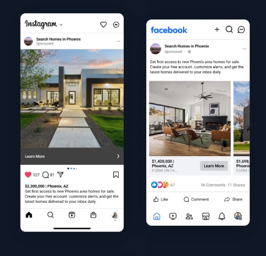 Facebook and Instagram ad posts from Real Geeks.