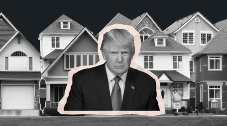Trump in front of houses