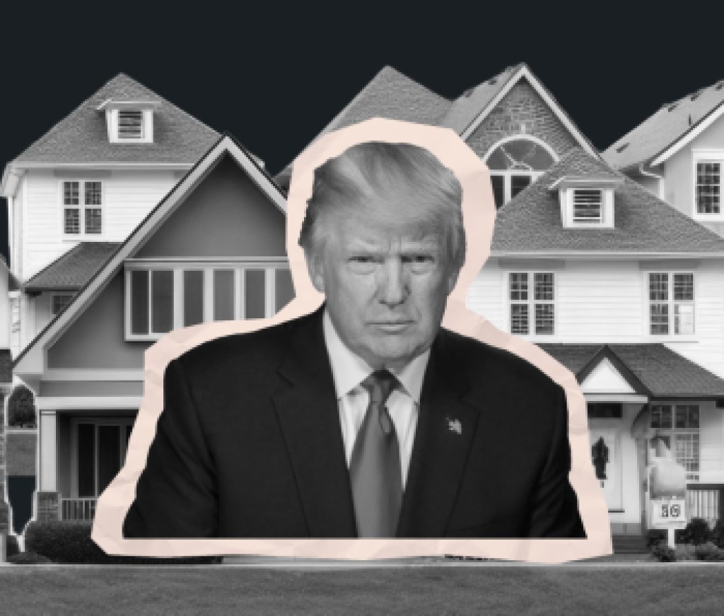 Trump in front of houses
