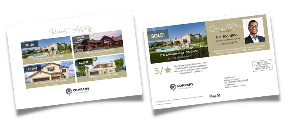 Front and back of a home that just sold with pictures of the home and agent contact information.