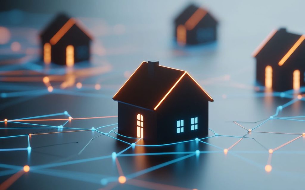 A digital artwork depicts houses aglow, linked by a luminous net