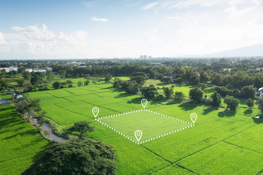 Land plot in aerial view. Gps registration survey of property, r