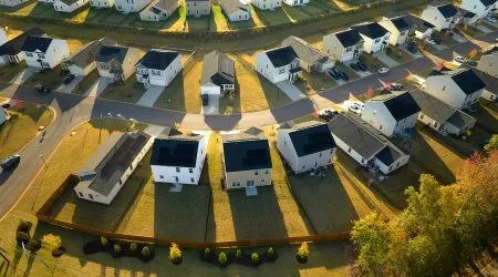 Aerial view of tightly packed homes in South Carolina residential area. New family houses as example of real estate development in american suburbs
