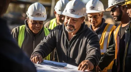 Group of Latin American construction workers looking at blueprints at construction site, architectural concept