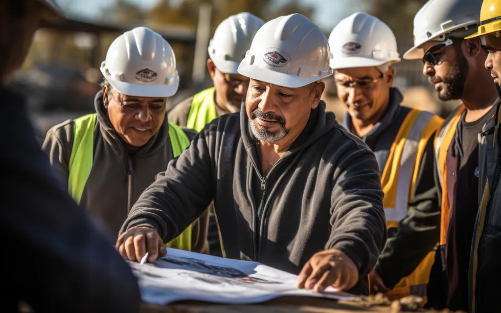 Group of Latin American construction workers looking at blueprints at construction site, architectural concept