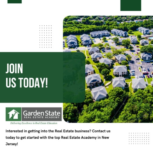 Aerial photo of a residential community with Garden State Real Estate Academy logo and “Join Us Today” message.