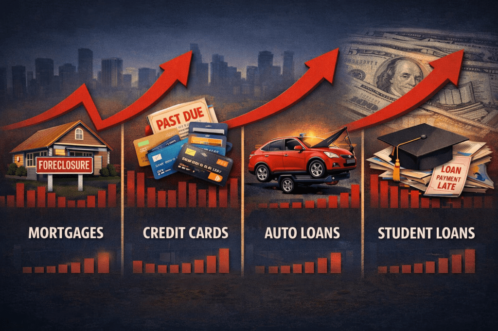 Student-loan delinquencies rose to 16.3% in Q4, New York Fed data shows, as overall delinquency hit 4.8% and foreclosures increase.