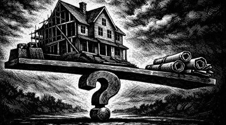 Black-and-white woodcut-style illustration of a partially constructed house sitting on a long plank balanced atop a large question-mark-shaped fulcrum. The unfinished side of the house is surrounded by scaffolding and construction materials, while rolled blueprints and weighted bundles rest on the opposite end of the plank. Dramatic, cross-hatched storm clouds fill the sky, emphasizing the unstable balance and uncertainty around future homebuilding decisions.