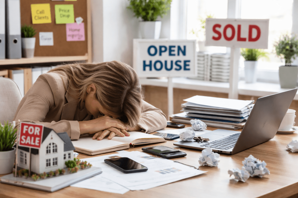 Exhausted real estate agent at work