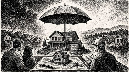 Black and white house with an umbrella over it.
