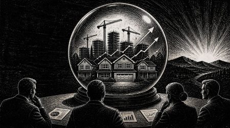 People sitting a conference table looking at a snow globe with homes inside.