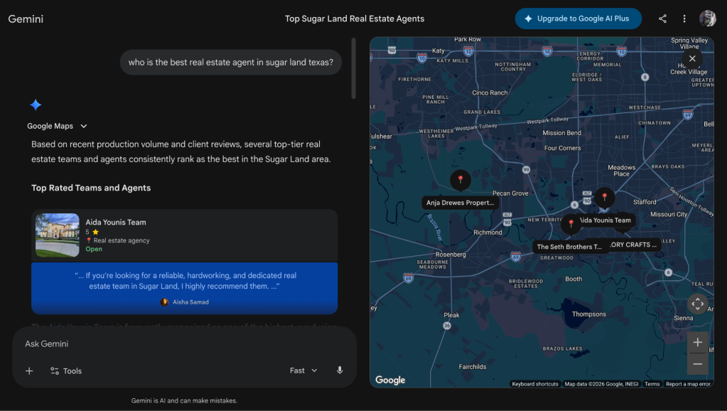Google search using Gemini and GEO for "who is the best real estate agent in sugar land texas?"